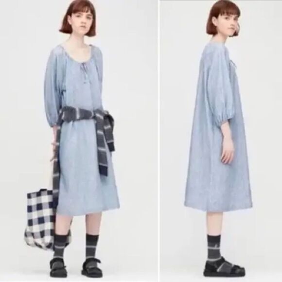 UNIQLO X J.W. ANDERSON Linen Blend Striped Gathered 3/4 Sleeved Dress - Picture 1 of 15